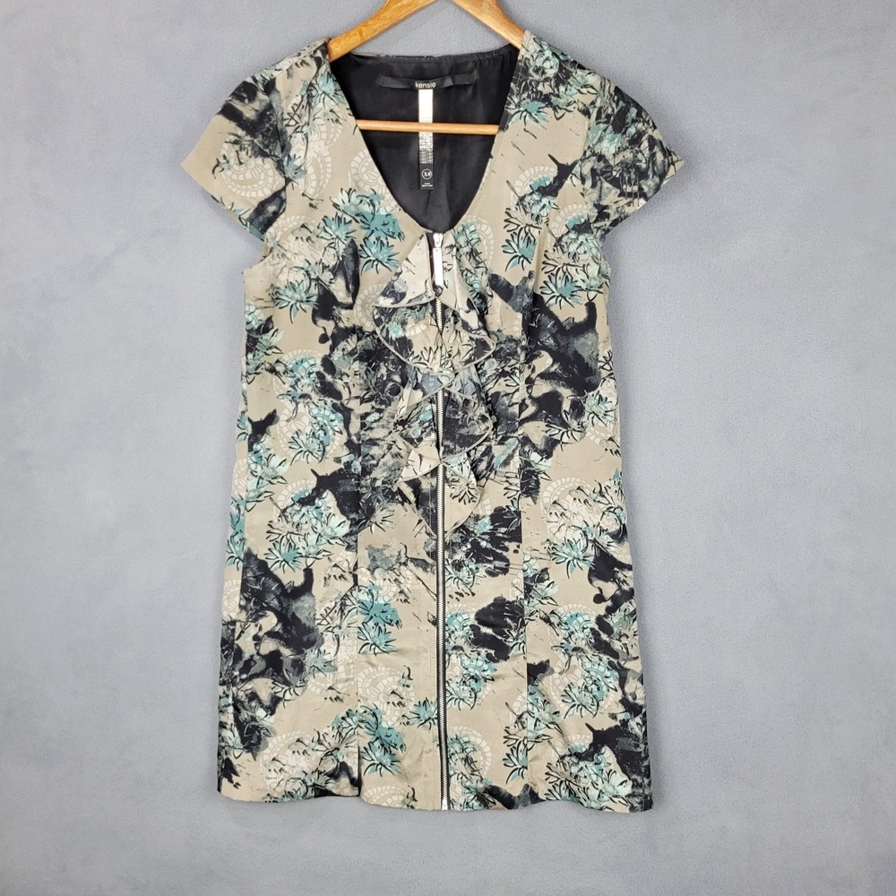 Kensie Dress Womens XS Beige Black Teal Floral Ruffle Zip Front Short Sleeve